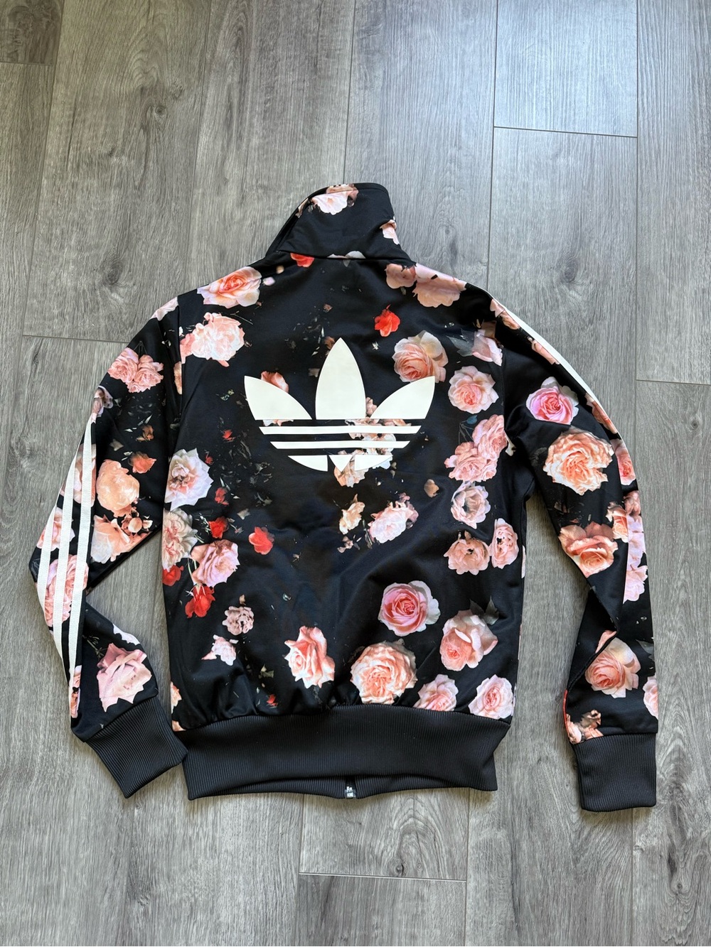 adidas Floral Track Jacket in Black with Pink Roses - Picture 2 of 3